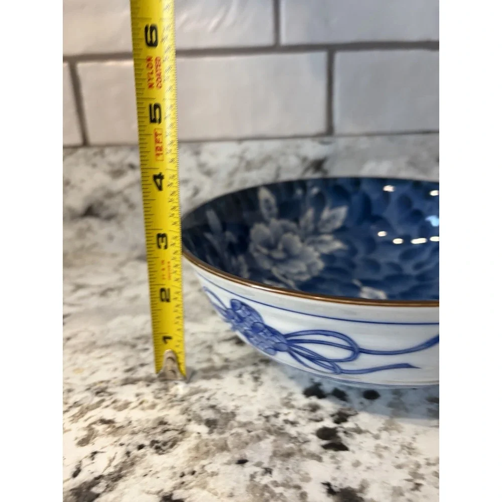 Japanese Mino Ware Bowl Ceramic hand, painted blue white floral